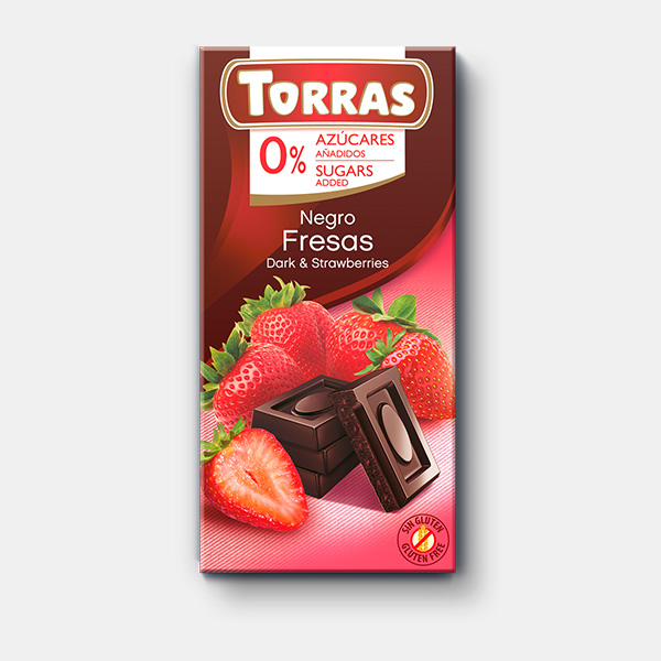 Чорний шоколад Torras з полуницею 75г без цукру та глютену Чорний шоколад Torras з полуницею 75г без цукру та глютену